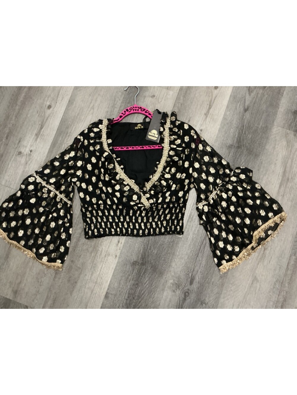 Papa Pia Black Cropped Smocked Bell Sleeves Blouse Boho Indie Artsy Cottagecore